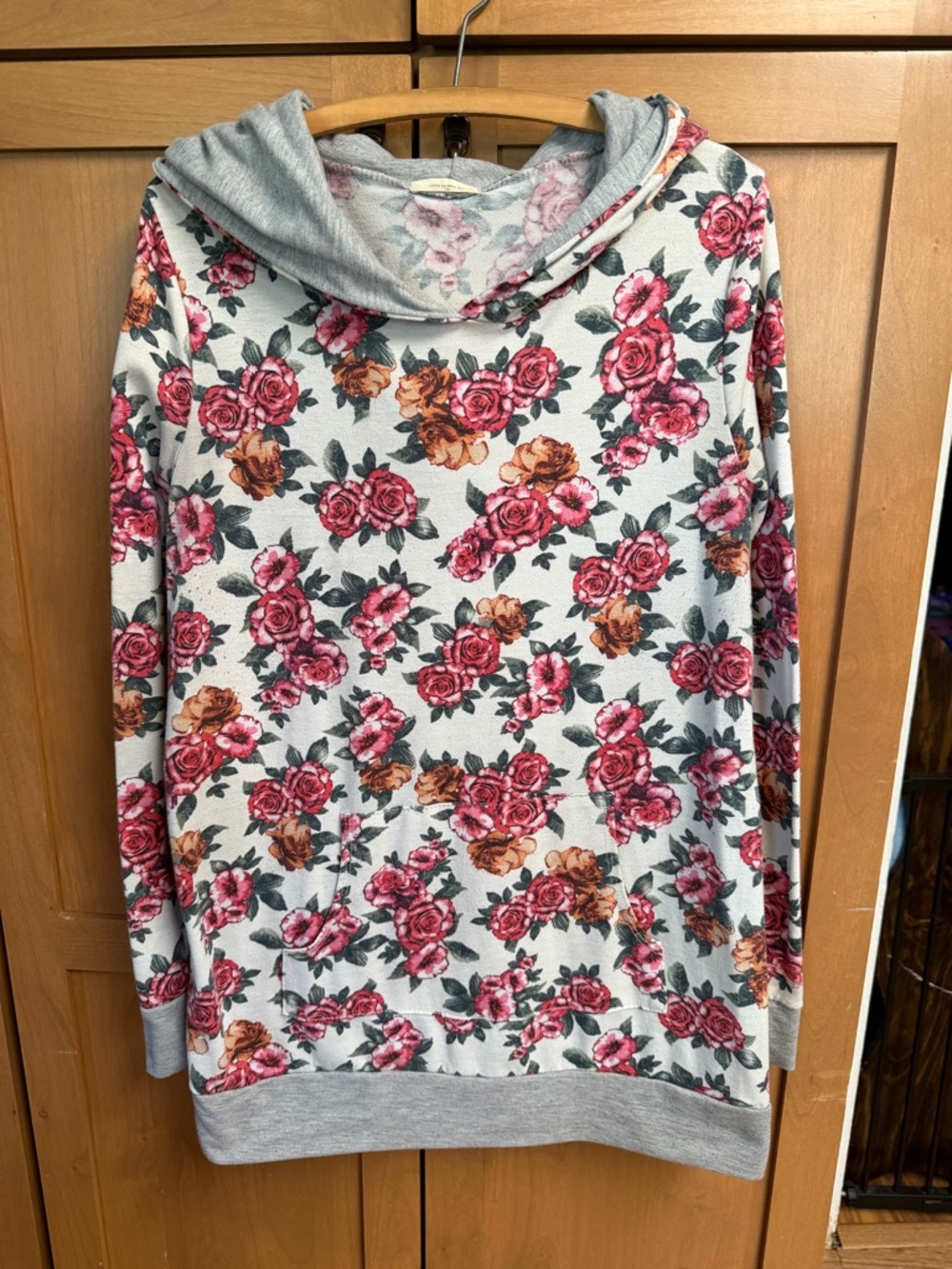 12 Pm By Mon Ami Grey Hooded Sweatshirt with Pink and Brown Rose Print
